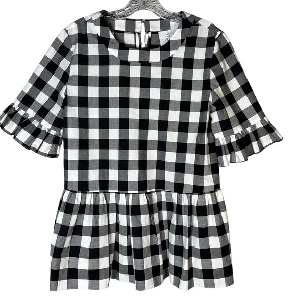 LaRoque Tops - LaRoque Check Short Sleeve Peplum Hem Blouse Top Women's Medium Black/White